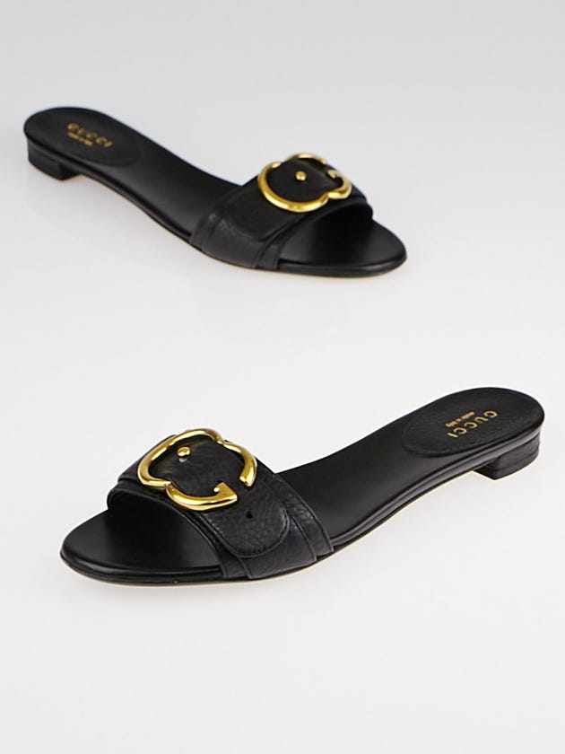 Gucci Black Leather Interlocking G Buckle Slide Sandals Size 5/35.5