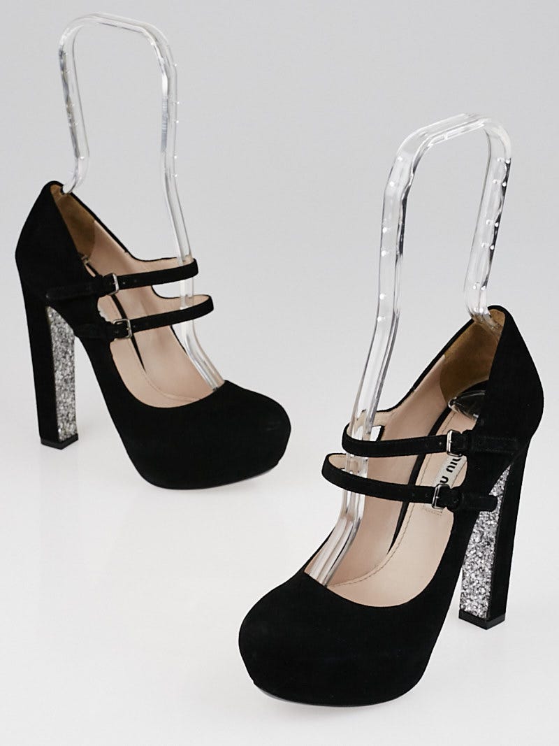 Miu Miu Black Suede and Glitter Platform Mary Jane Pumps Size 6