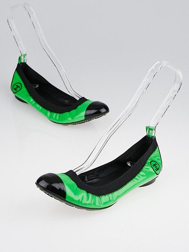 Chanel Bright Green Patent Leather Elastic Ballet Flats Size 9.5/40