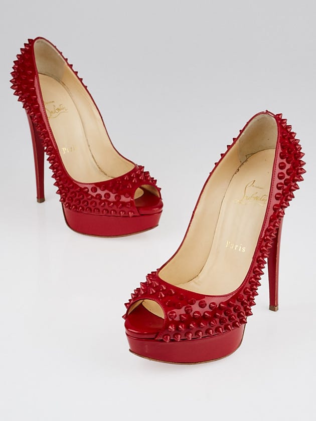 Christian Louboutin Red Patent Leather Lady Peep Spikes 150 Pumps Size 6.5/37