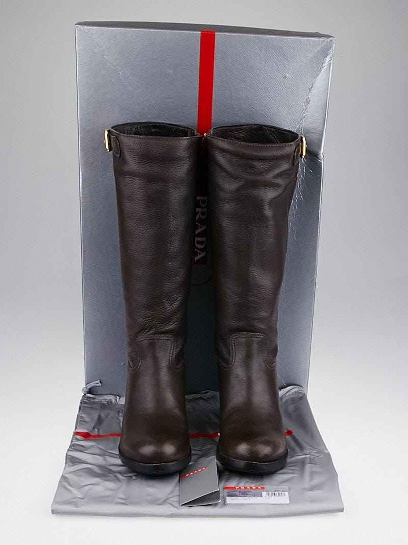 Prada Ebano Cervo Shine Leather Tall Buckle Boots 3W5358 Prada Ebano Cervo Shine Leather Tall Buckle Boots 3W5358