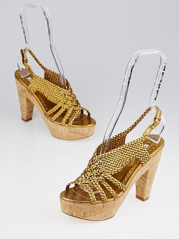 Miu Miu Gold Braided Leather Platform Sandals Size 6/36.5