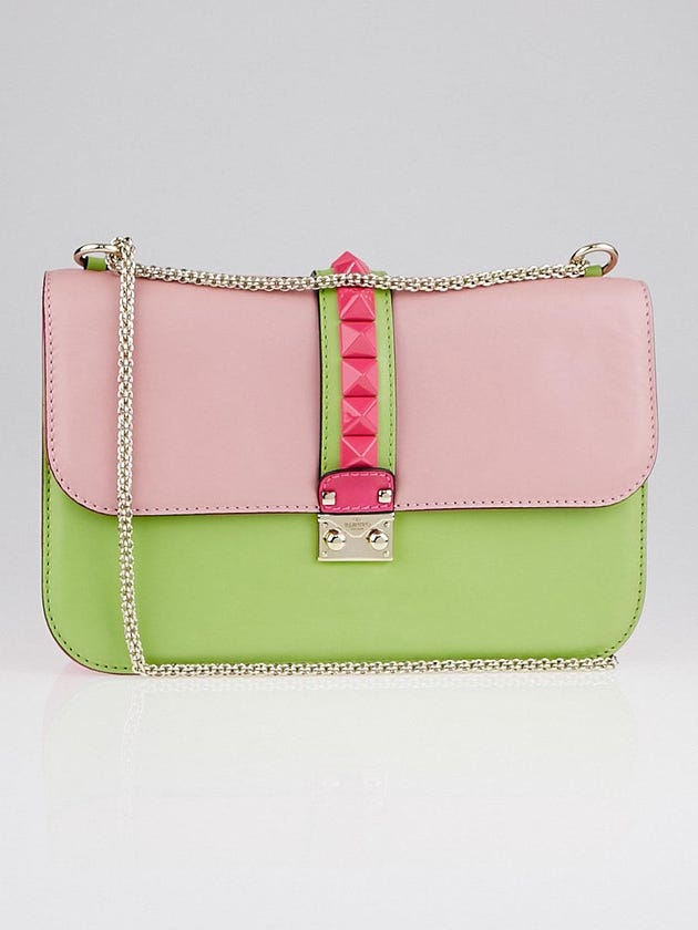 Valentino Pink/Green Multicolor Calfskin Leather Rockstud Glam Lock Large Flap Bag