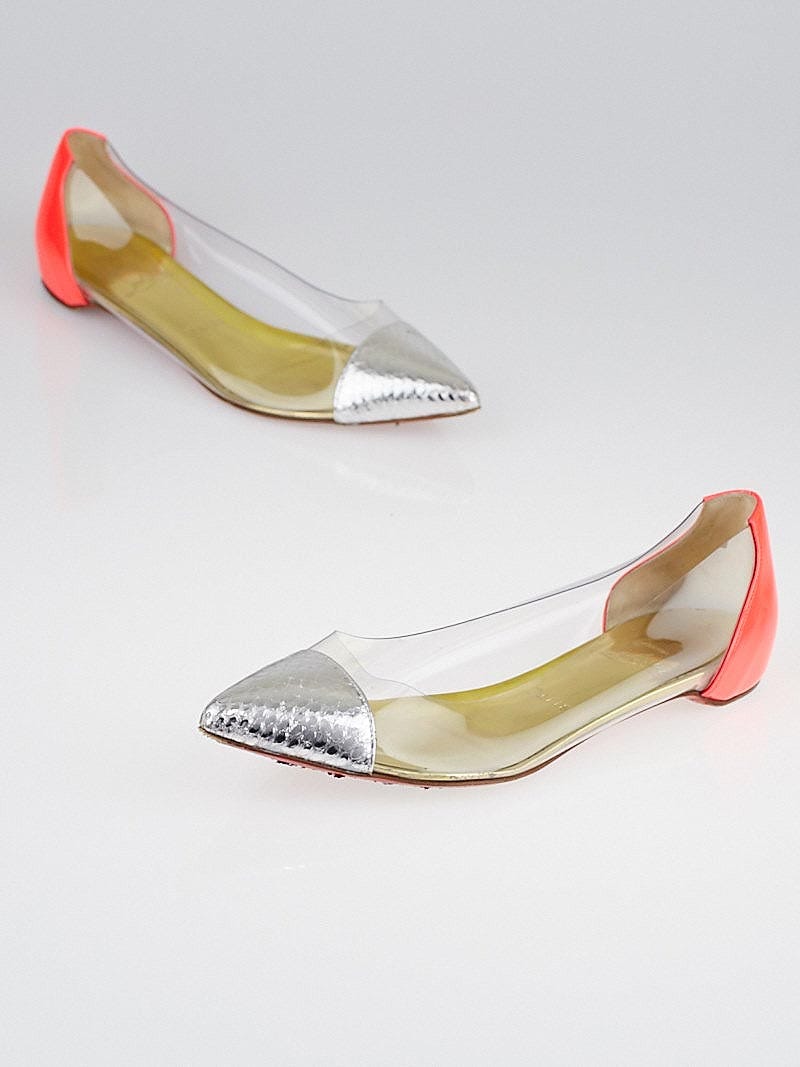 Christian Louboutin Silver and Pink Ayers Snakeskin PVC Patent Leather Corbeau Flats Size 6.5 37 Yoogi s Closet