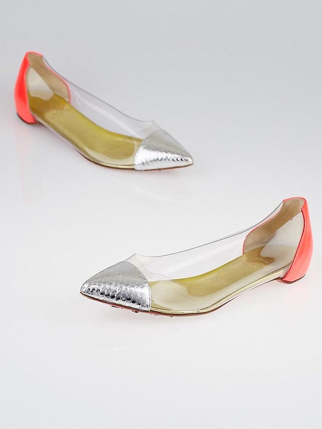 Christian Louboutin Silver and Pink Ayers Snakeskin/PVC/Patent Leather Corbeau Flats Size 6.5/37