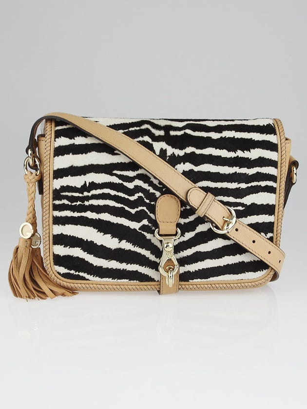 Gucci Beige Leather and Zebra Print Pony Hair Marrakech Messenger Flap Bag