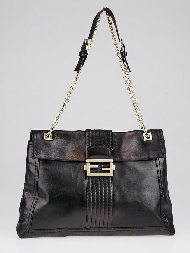 Fendi Black Leather Maxi Baguette Flap Bag 8BT143