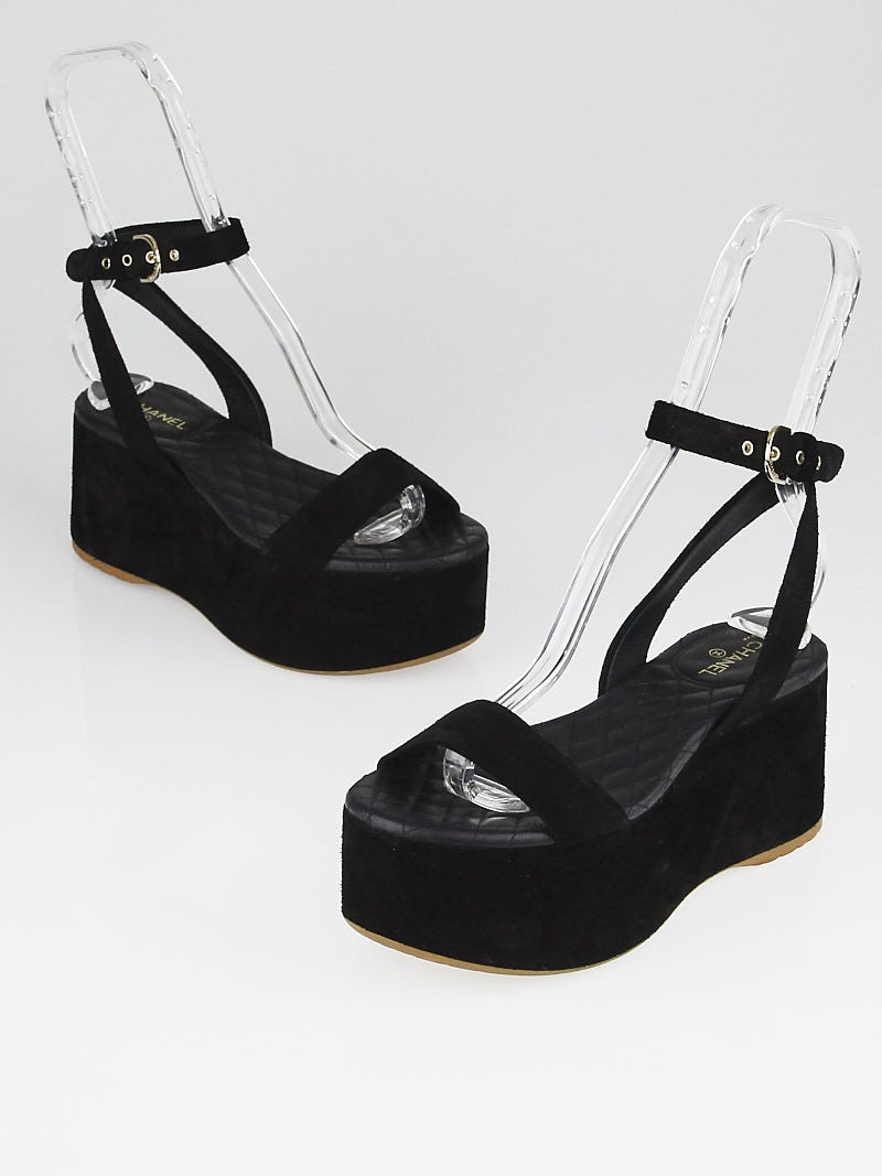 Chanel Black Suede Platform Sandals Size 6.5/37 - Yoogi's Closet