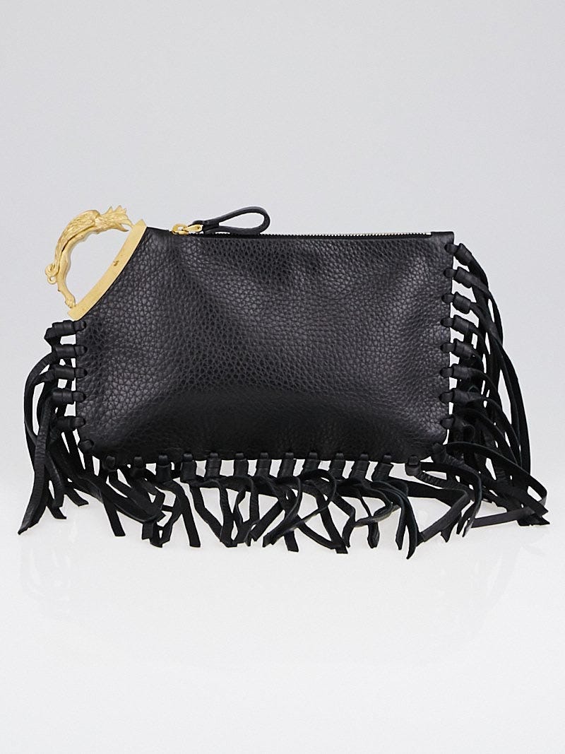 Valentino Black Leather Gryphon Fringe Clutch Bag Yoogi s Closet