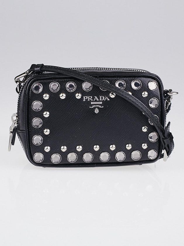 Prada Black Saffiano Vernice Jeweled Crossbody Pochette Bag 1N1674