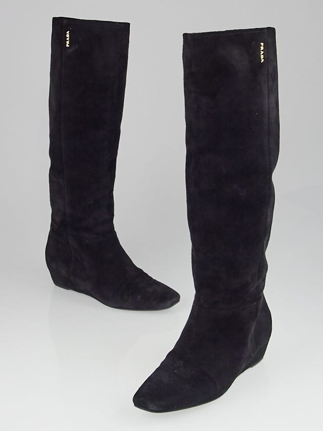 Prada Black Suede Knee High Wedge Boots Size 8/38.5