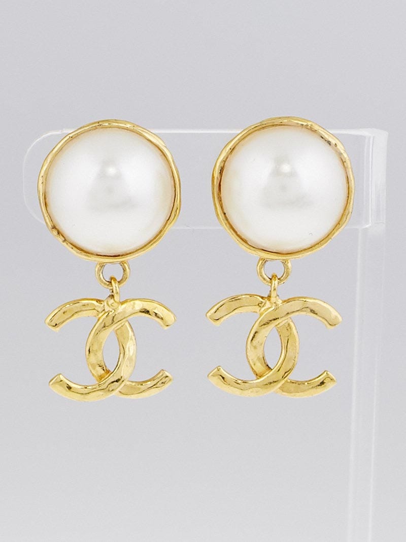 Chanel Faux Pearl and Goldtone CC Clip-On Drop Earrings - Yoogi's Closet