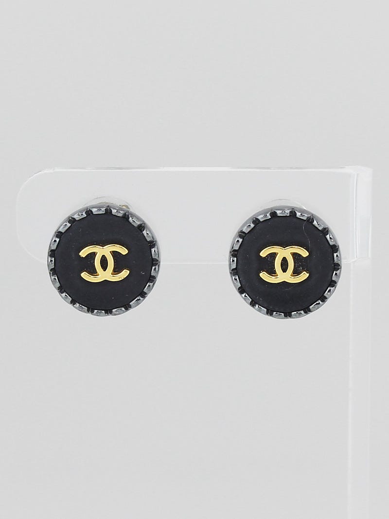 Chanel Black Resin/Crystal Gold Metal Oval CC Clip On Earrings