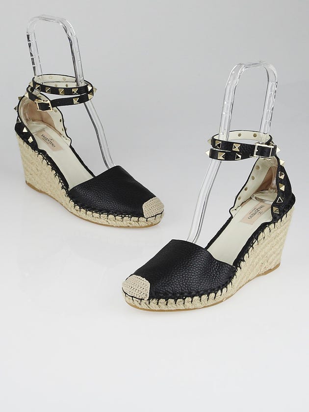 Valentino Black Leather Rockstud Espadrille Wedge Size 9.5/40