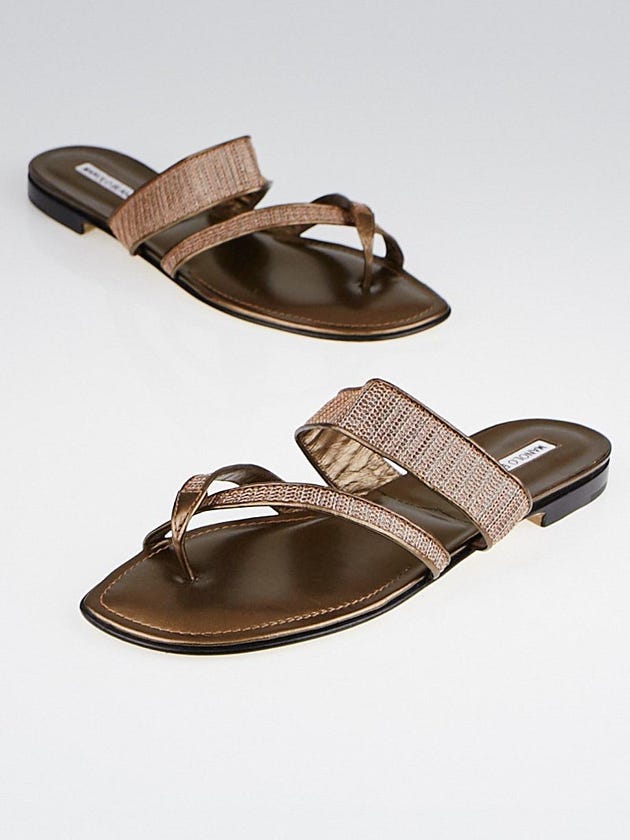 Manolo Blahnik Bronze Leather Susametal Thong Sandals Size 10/40.5
