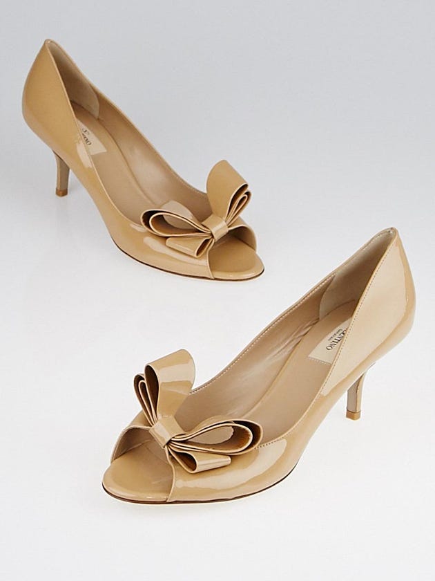Valentino Beige Patent Leather Bow Peep Toe Pumps Size 9.5/40