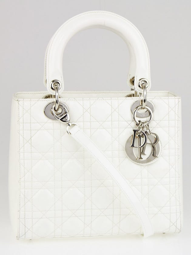 Christian Dior White Cannage Quilted Patent Leather Medium Lady Dior Bag