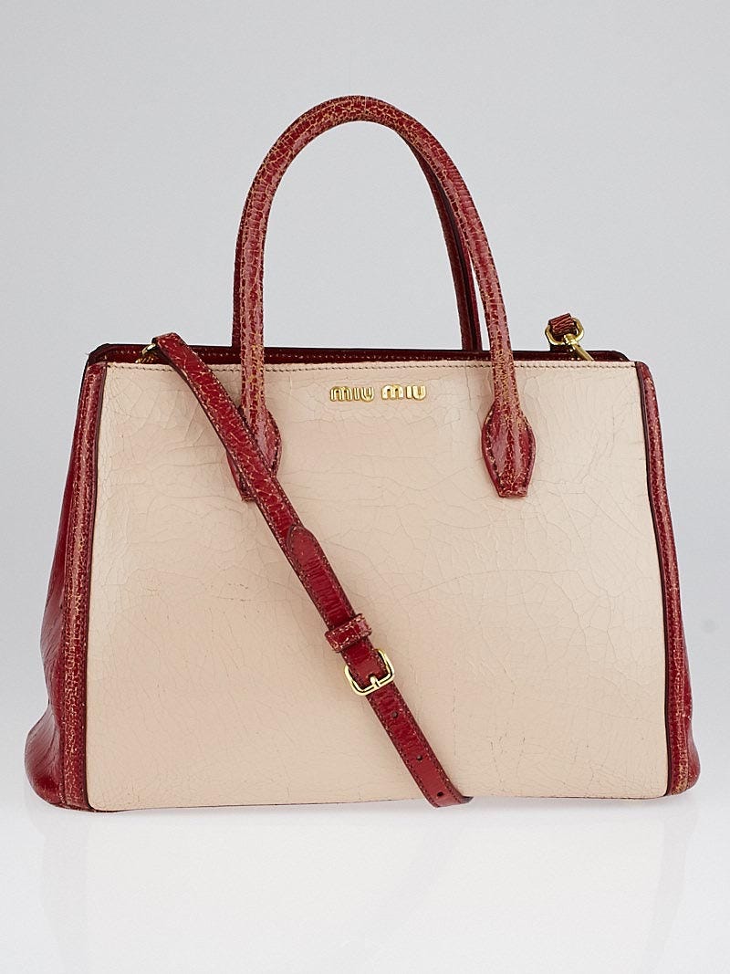Miu Miu Cipria/Rosso Craquele Leather Tote Bag RN0883 - Yoogi's Closet