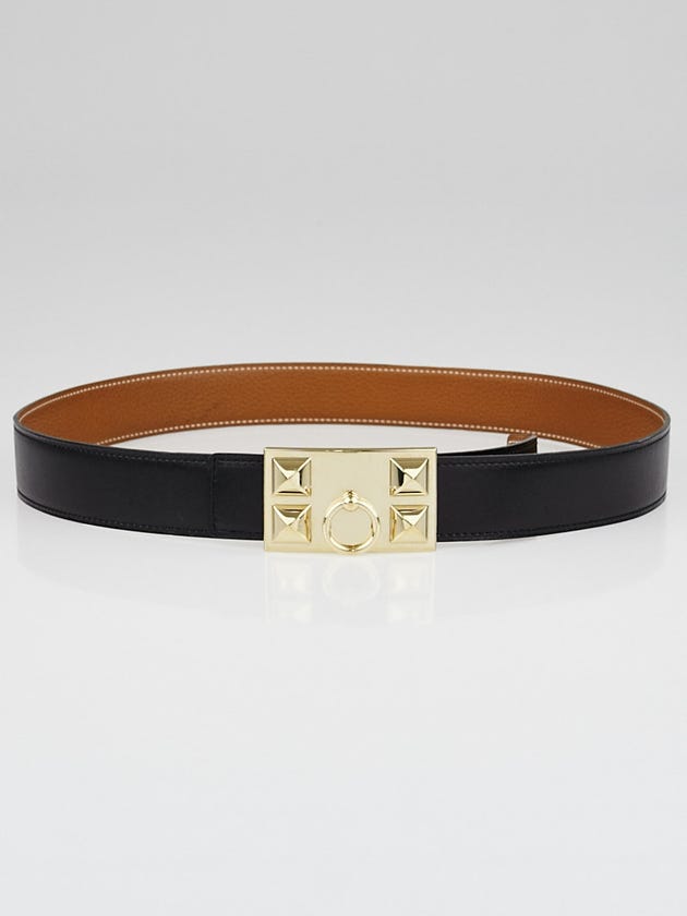 Hermes Black Box/Gold Courchevel Leather Gold Plated Collier de Chien Reversible Buckle Belt Size 90