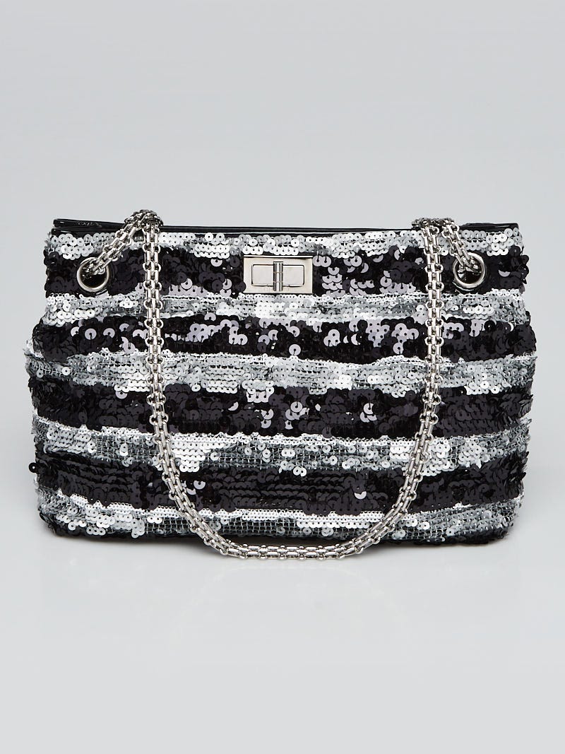 Chanel Black/Silver Striped Sequin Mademoiselle Chain Small Tote