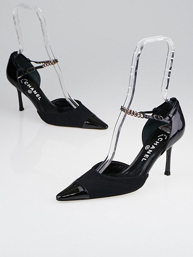 Chanel Black Fabric and Patent Leather Cap Toe Mary-Jane Heels Size 7/37.5