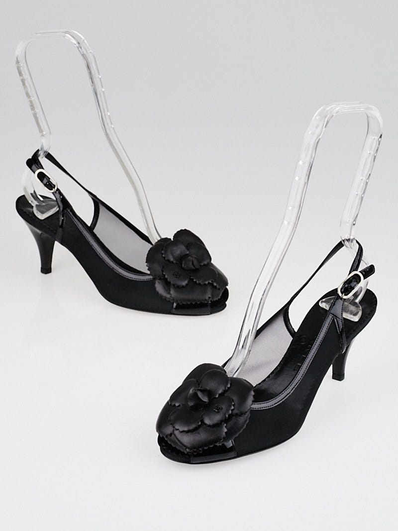 Chanel Black Leather Camellia Peep Toe Sling Back Heels Size 6.5/37 - Yoogi's  Closet