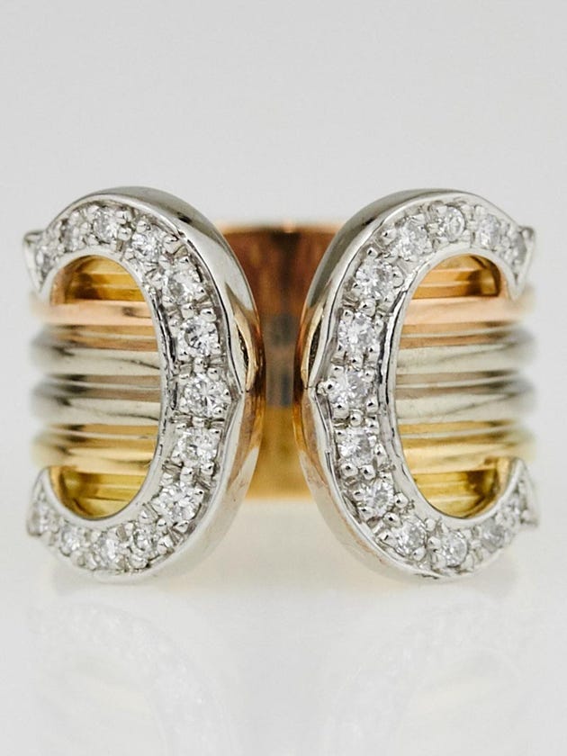Cartier 18k Tricolor Six Band and Diamond Double C Decor Ring Size 48/4.25