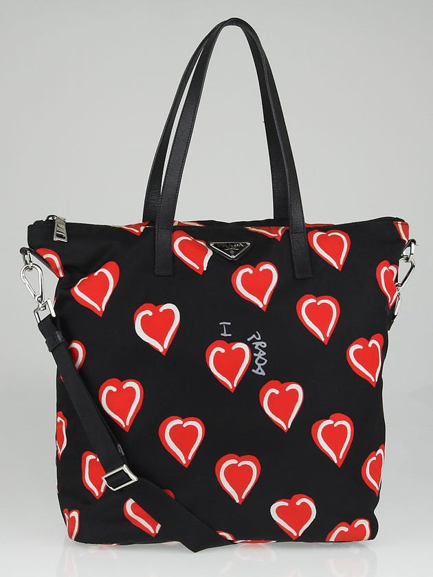 Prada Black/Red Heart Print Tessuto Nylon Shoulder Bag B4696P