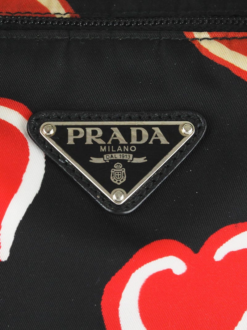 Prada Black/Red Heart Print Tessuto Nylon Shoulder Bag