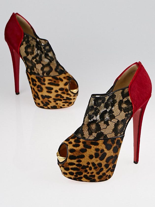 Christian Louboutin Leopard/Red Flame Pony Hair and Lace Aeronotoc 160 Booties Size 9.5/40