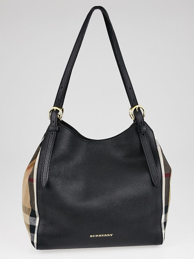 Burberry Black Leather and House Check Canvas Small Canterbury Tote Bag