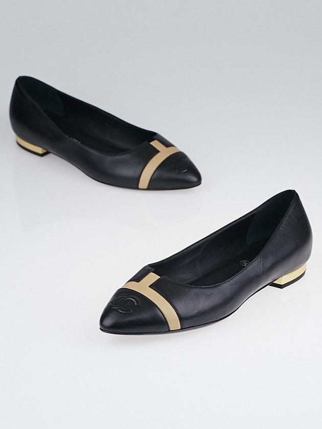 Chanel Black Leather Pointed Toe CC Ballet Flats Size 6.5/37