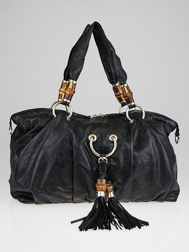 Gucci Black Leather Bamboo Beads Top Handle Bag