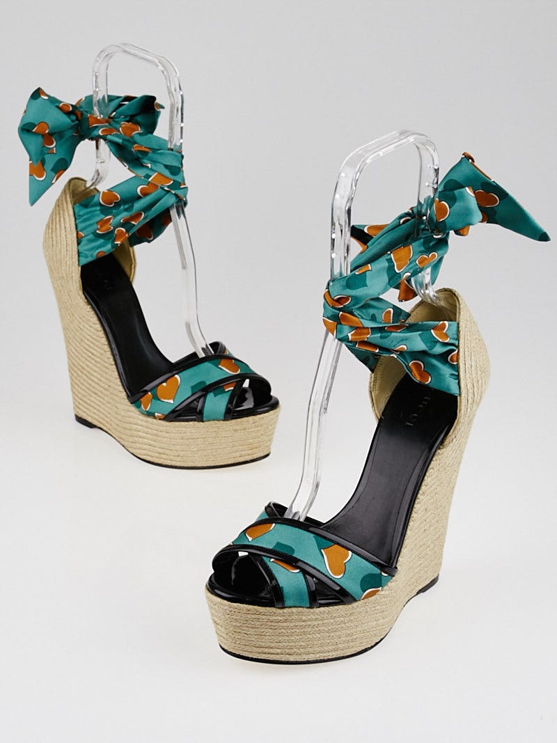 Gucci Teal Green Orange Satin Carolina Heartbeat Wedge Sandals Size 7.5 38 Yoogi s Closet