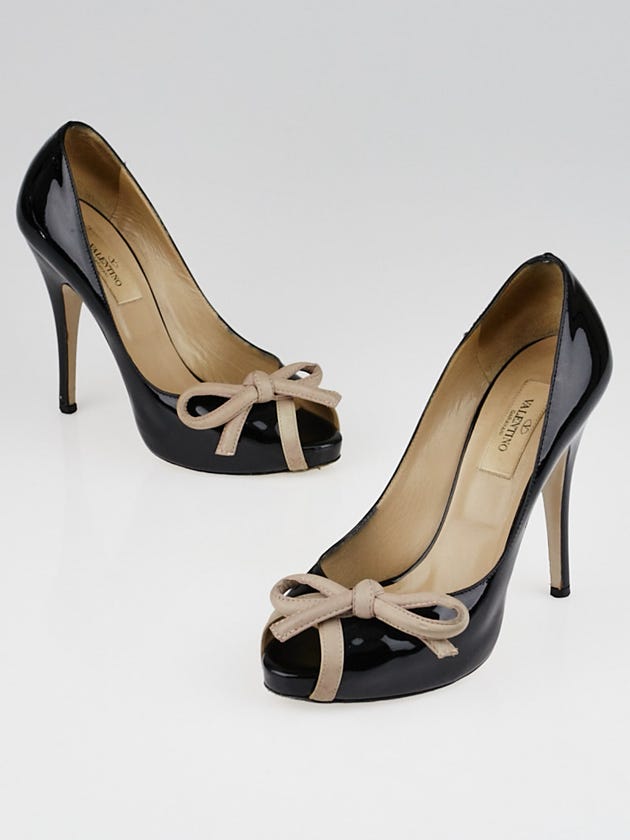 Valentino Black Patent Leather Bow Peep Toe Pumps Size 5.5/36