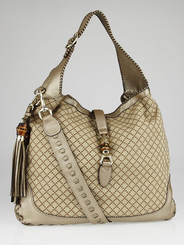 Gucci Beige/Gold Diamante Canvas Bamboo New Jackie Large Shoulder Bag