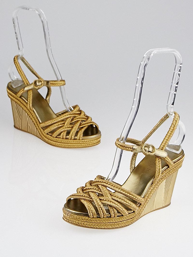 Chanel Metallic Gold Fabric and Leather Braided Wedges Size 7.5/38
