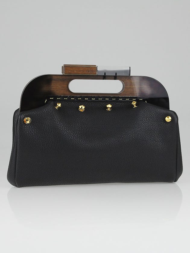 Fendi Black Leather Walnut Wood Handle Clutch Bag 8BP049