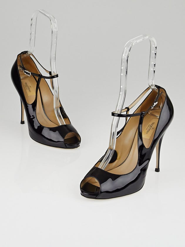 Valentino Black Patent Leather Ankle Strap Peep Toe Pumps Size 9.5/40