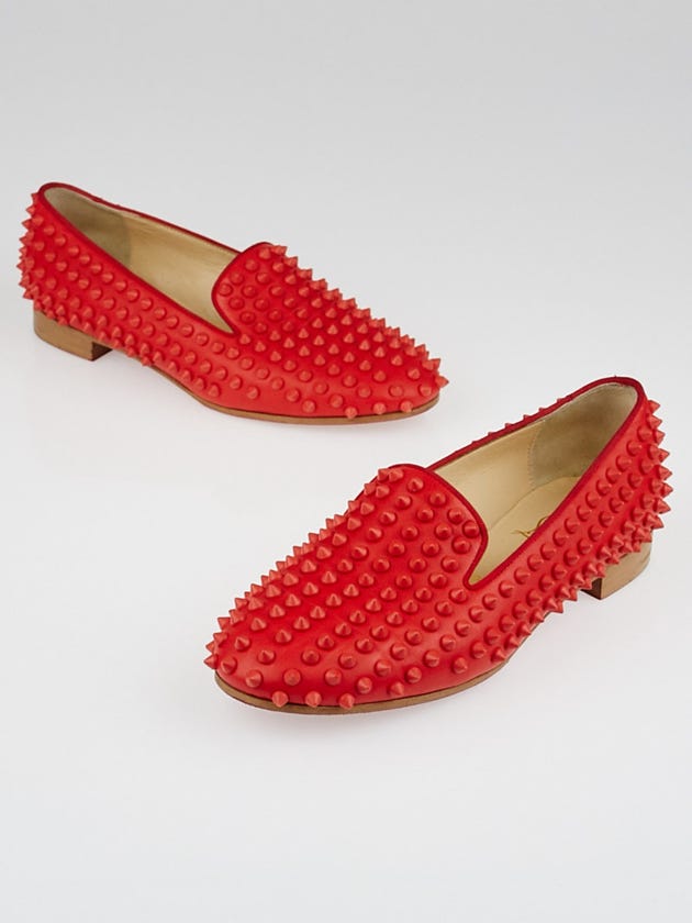 Christian Louboutin Red Leather Rolling Spikes Flat Loafers Size 6.5/37
