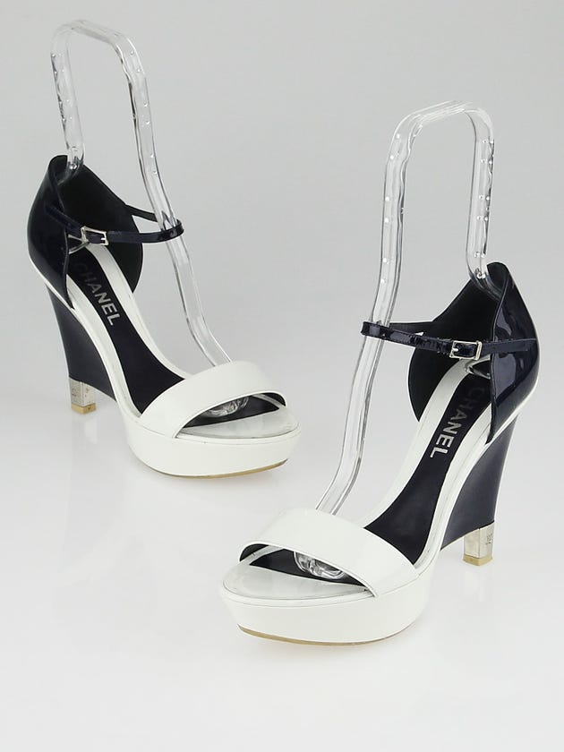 Chanel White and Blue Patent Leather Platform Wedges Size 9.5/40