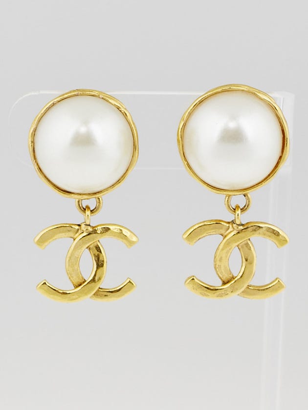 Chanel Faux Pearl and Goldtone CC Clip-On Drop Earrings