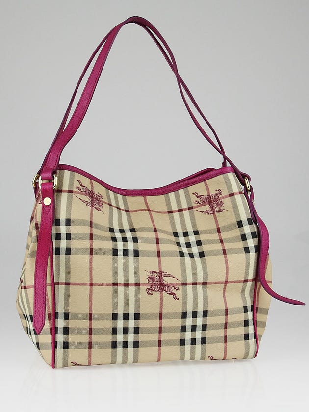 Burberry Pink Leather Haymarket Check Coated Canvas Medium Canterbury Tote Bag