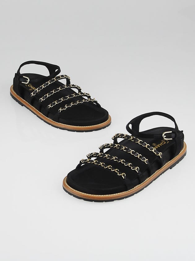 Chanel Black Leather Goldtone Chain Gladiator Sandals Size 5.5/36