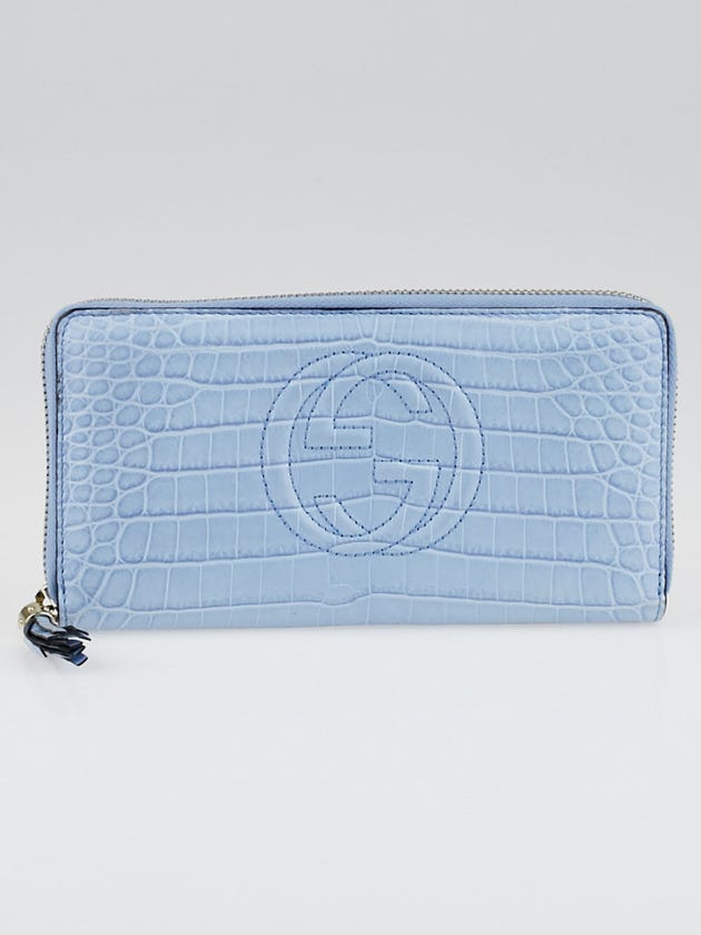 Gucci Light Blue Crocodile Soho Zip Around Wallet