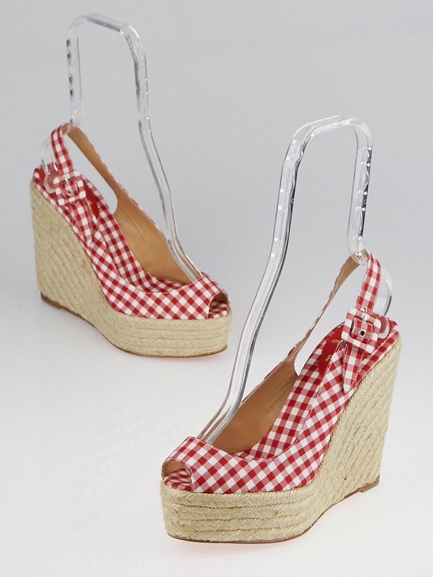 Christian Louboutin Red Gingham Canvas Menorca 130 Espadrille Wedges Size 8.5/39