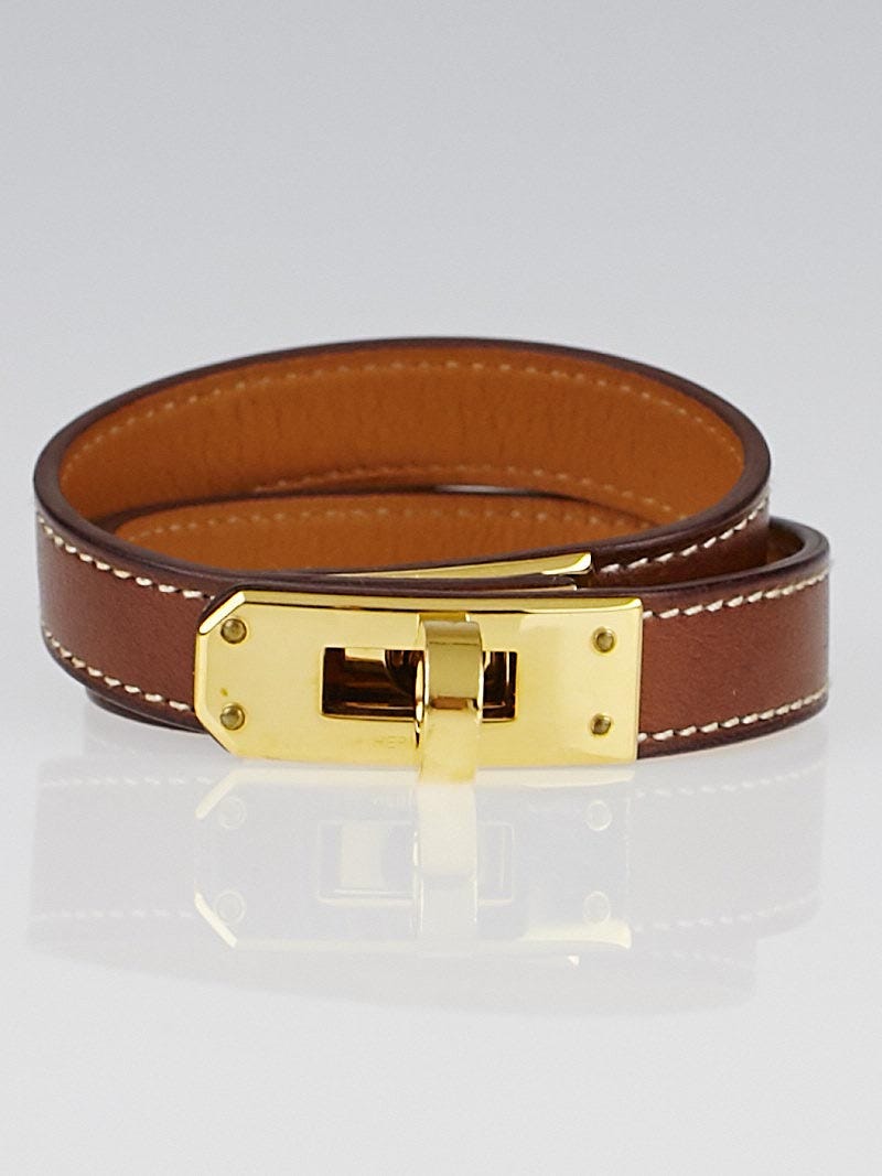 Hermes Noisette Swift Leather Palladium Plated Kelly Double Tour Bracelet Size S