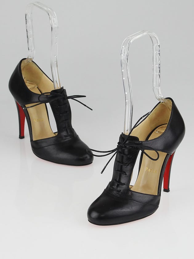 Christian Louboutin Black Leather T-Strap Lace Up Pop 100 Pumps Size 6.5/37