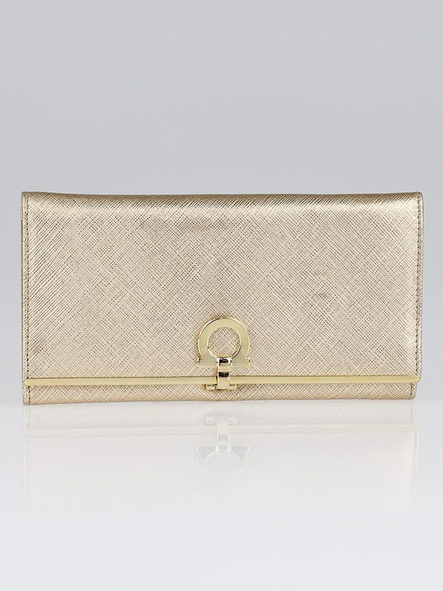 Salvatore Ferragamo Gold Saffiano Leather Gancini Icona Wallet