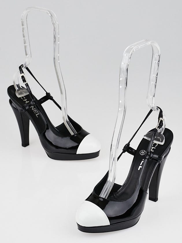 Chanel Black/White Patent Leather Cap Toe Slingback Pumps Size 6/36.5